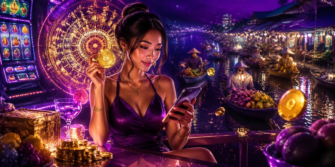 Màn hình slot game neon sôi động tại vùng Mekong về đêm